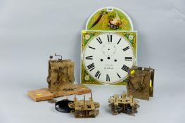 An eight day twin weight longcase clock movement along with a painted dial, the dial painted with