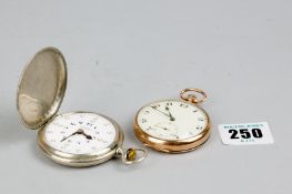 A nine carat gold plain encased gent`s pocket watch with sweep seconds dial and a white metal