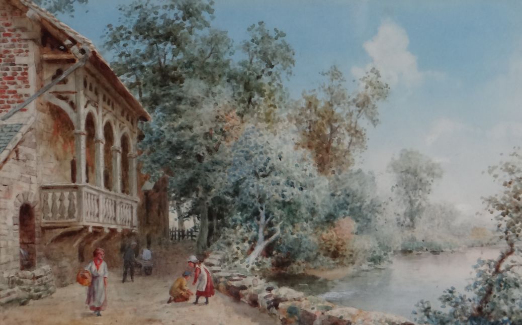 ATTRIBUTED TO JAMES DUFFIELD HARDING watercolour - figures beside a river and historic building,