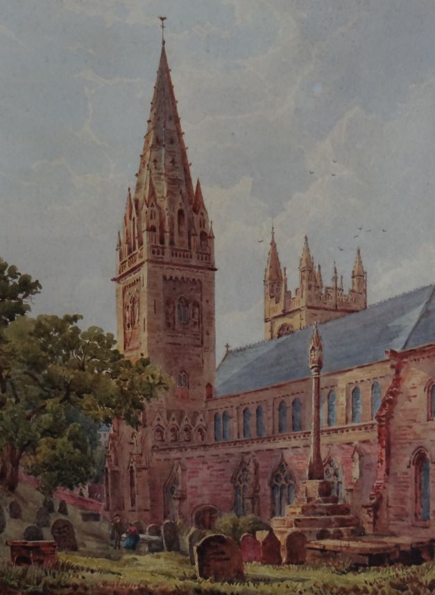 AUGUSTUS BURNETT-STUART watercolour - Llandaff Cathedral with figures, signed and dated 1885, 13 x