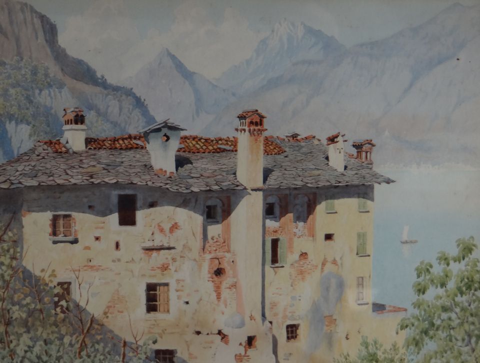 E W KERSHAW watercolour - Italian landscape with old Lombardy villa, entitled verso `The Old