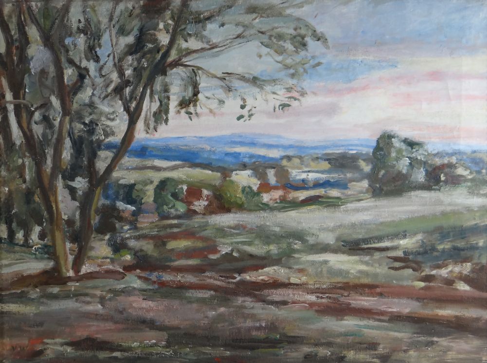 VERNON WETHERED oil on canvas - landscape entitled verso `A Hereford Countryside, 1923` signed with