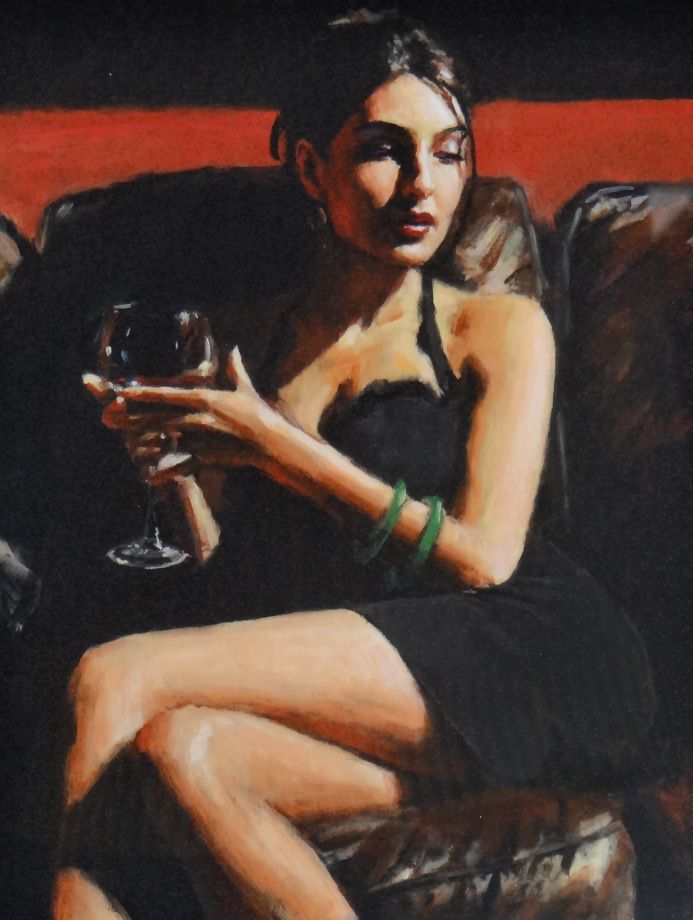 FABIAN PEREZ limited edition (300/455) coloured print - lady in short black dress with drink,