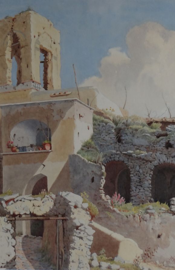 E W KERSHAW watercolour - Italian historical building, Amalfi Coast, entitled verso `St Andrea,