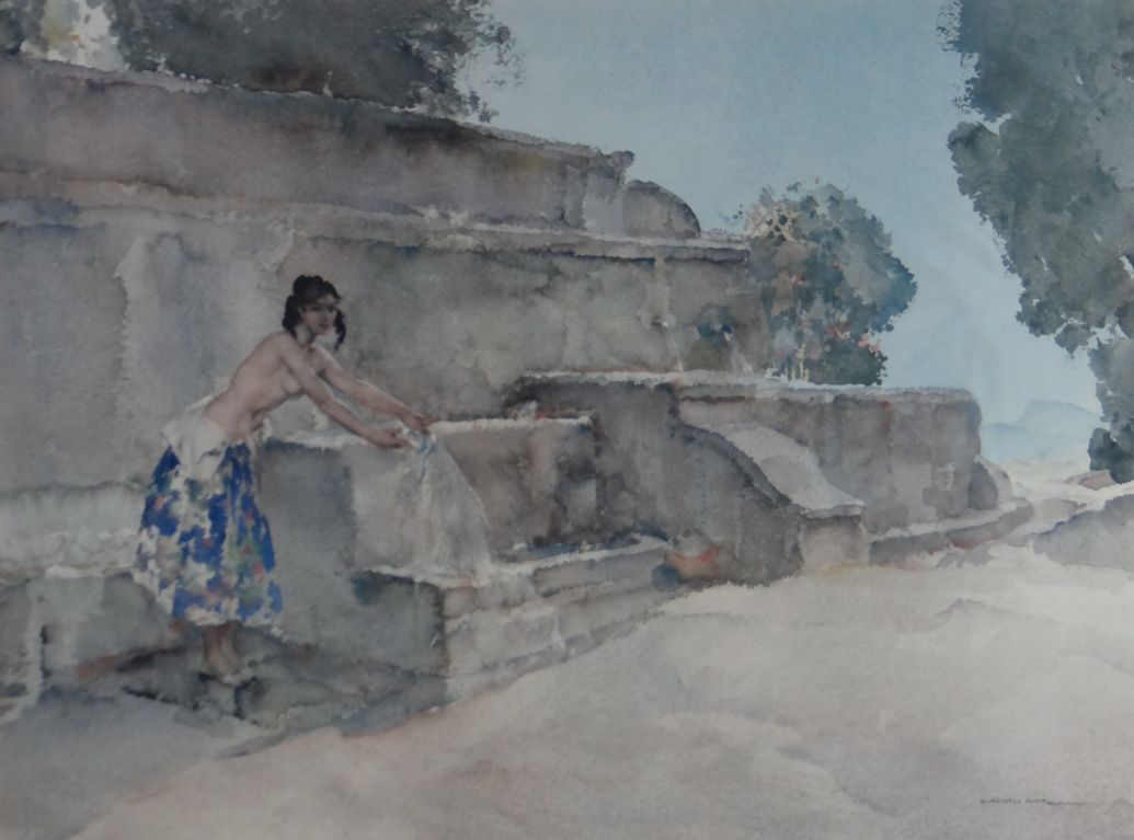 SIR WILLIAM RUSSELL FLINT coloured print - semi-clothed lady at water fountain, signed, and