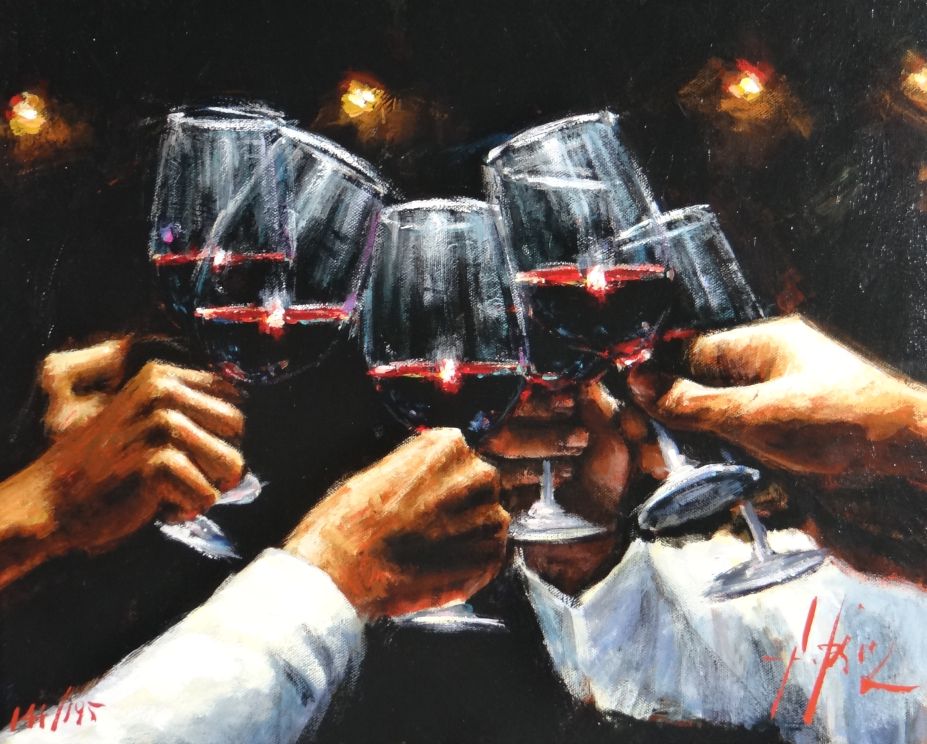 FABIAN PEREZ limited edition (144/195) hand embellished canvas print - five toasting wine glasses