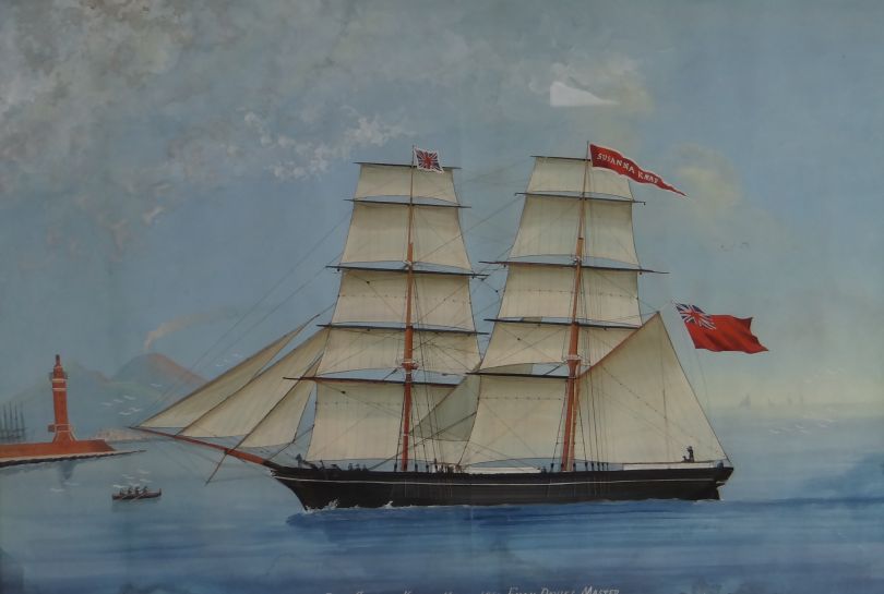 MARITIME SCHOOL watercolour - British Naval sailing vessel in Naples Bay entitled `Brig Susannah