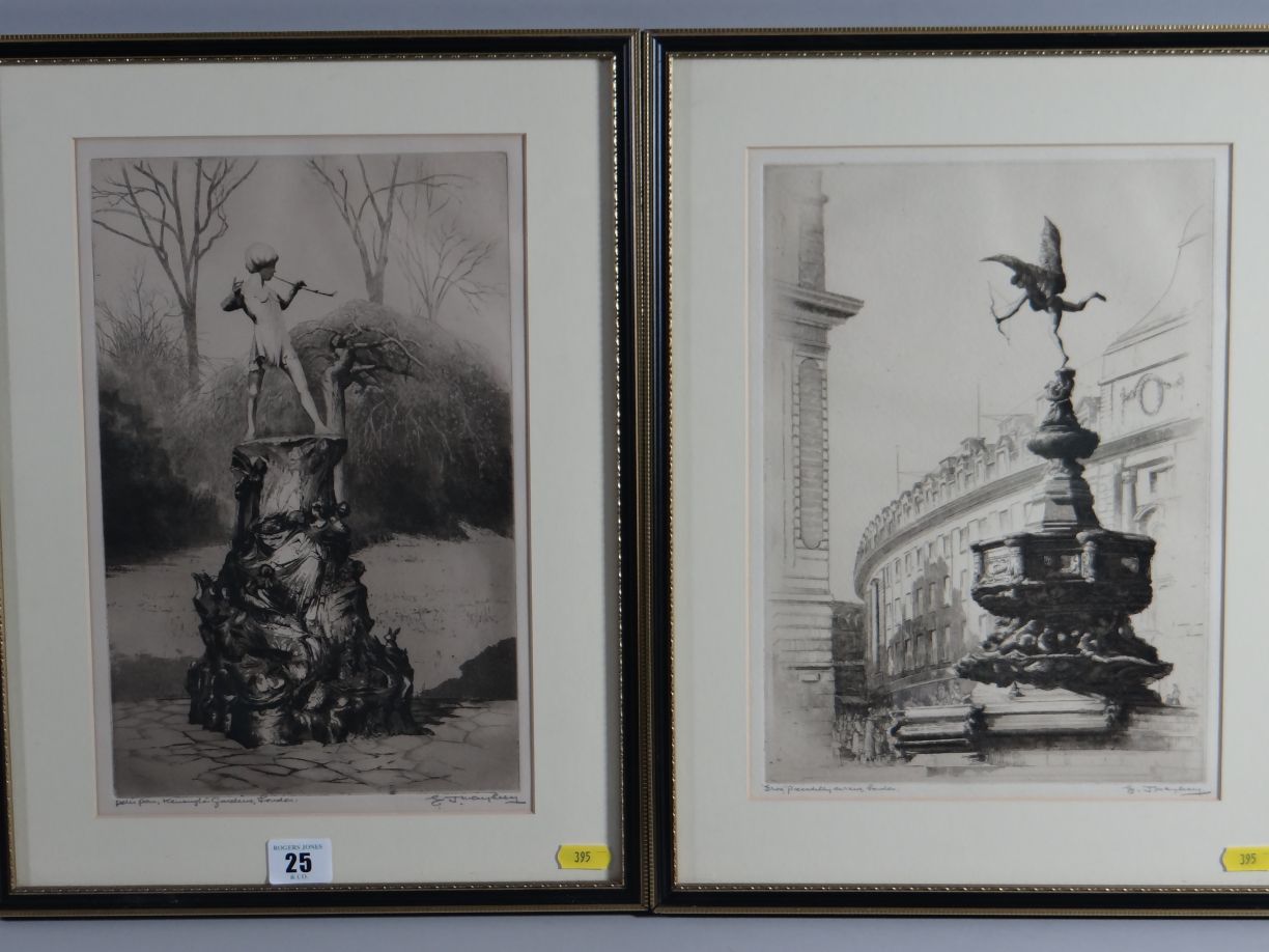 EDGAR J MAYBERY a pair of etchings - entitled `Peter Pan, Kensington Gardens, London` and `Eros,