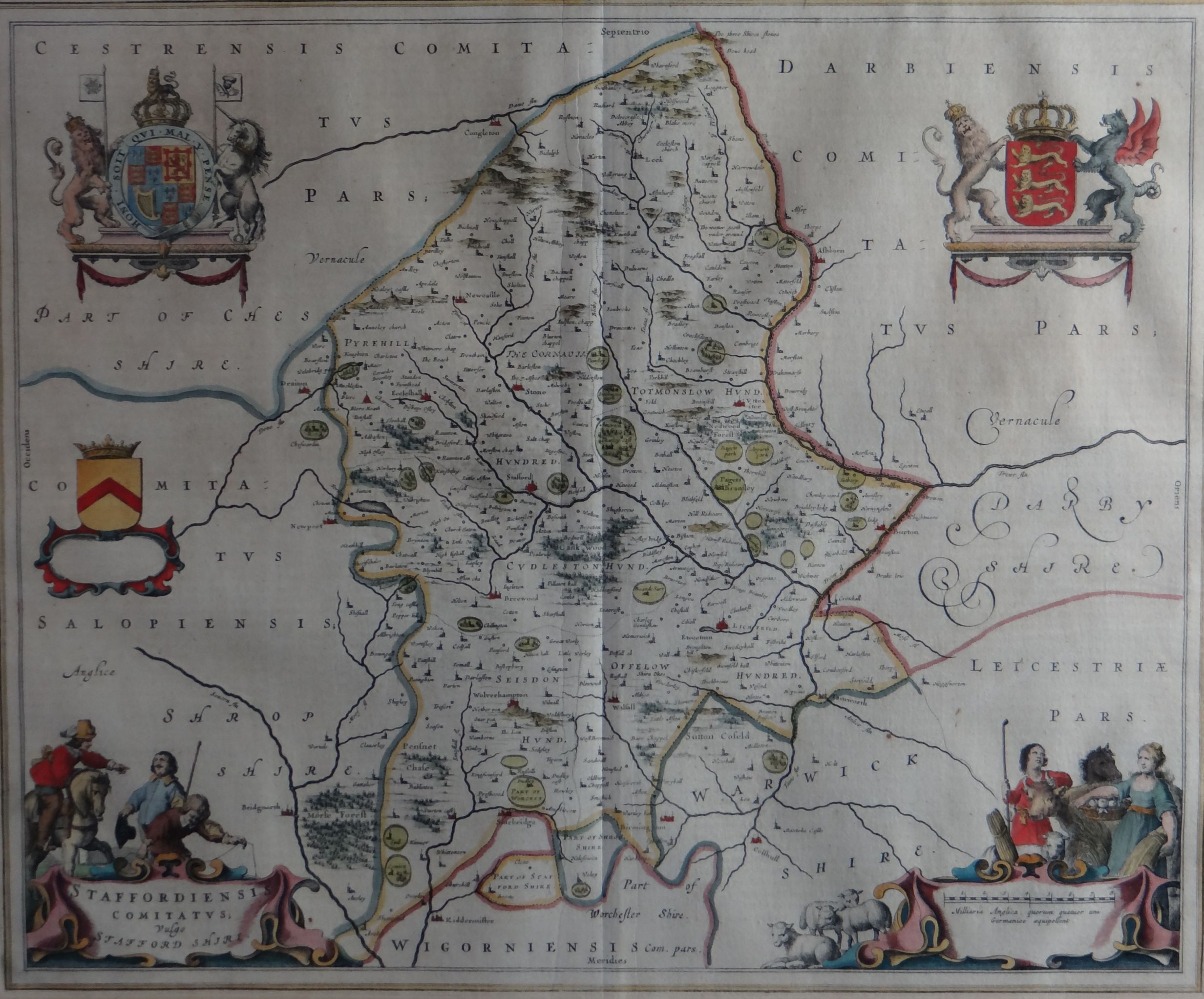 J BLAEU well coloured and tinted map of Staffordshire `STAFFORDIENSIS COMITATUS`, 16.75 x 20ins (42