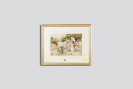 In the Manner of MYLES BIRKET FOSTER watercolour - two children with a donkey, monogrammed, 7 x 10.