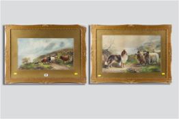 MILTON DRINKWATER watercolours and gouache, a pair - drover with Highland Cattle and sheepdog on a