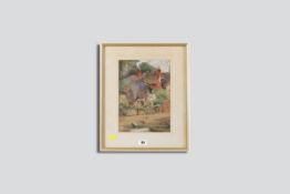 EDWIN FRANCIS watercolour - thatched cottage with poultry on a track, signed, 11 x 7 ins (28 x 18