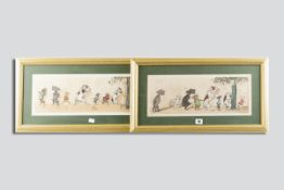 A pair of coloured prints - comic French dogs relieving themselves, signed, 7.25 x 18 ins (18 x 46