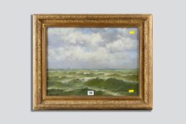 A DENY oil on canvas - Belgian seascape with distant boats, signed and signed verso with greeting