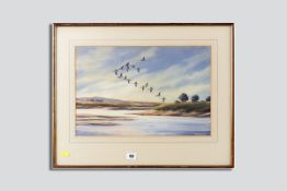 WINSTON MEGORAN watercolour - ducks in flight over an evening estuary, signed, 11 x 16.5 ins (28 x