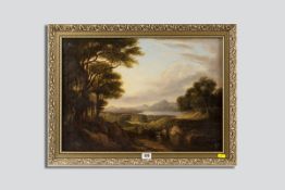 19th Century English School oil on canvas - expansive landscape with lake and figures in the