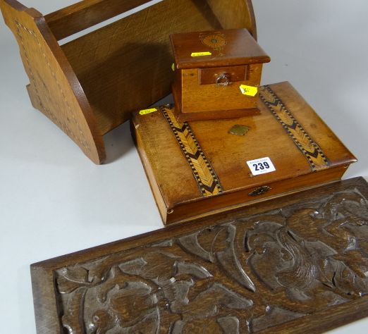 A parcel of woodwork including a carved darkwood panel with squirrel and bird, a lightwood