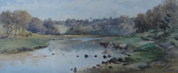 FREDERICK DOVE OGILVIE watercolour - river landscape with cattle grazing at Holy-Well, Scotland,