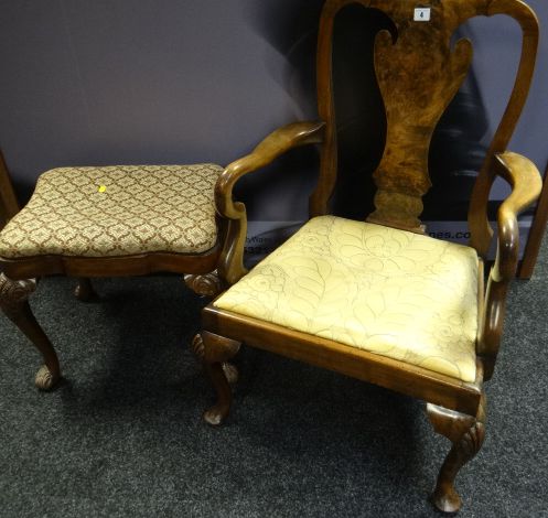 A walnut dressing chair and shaped dressing stool, both on carved acanthus supports