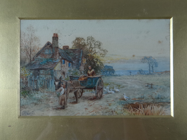 CHARLES WESTERN watercolour - quaint country scene with child, mule and cart with passenger, geese