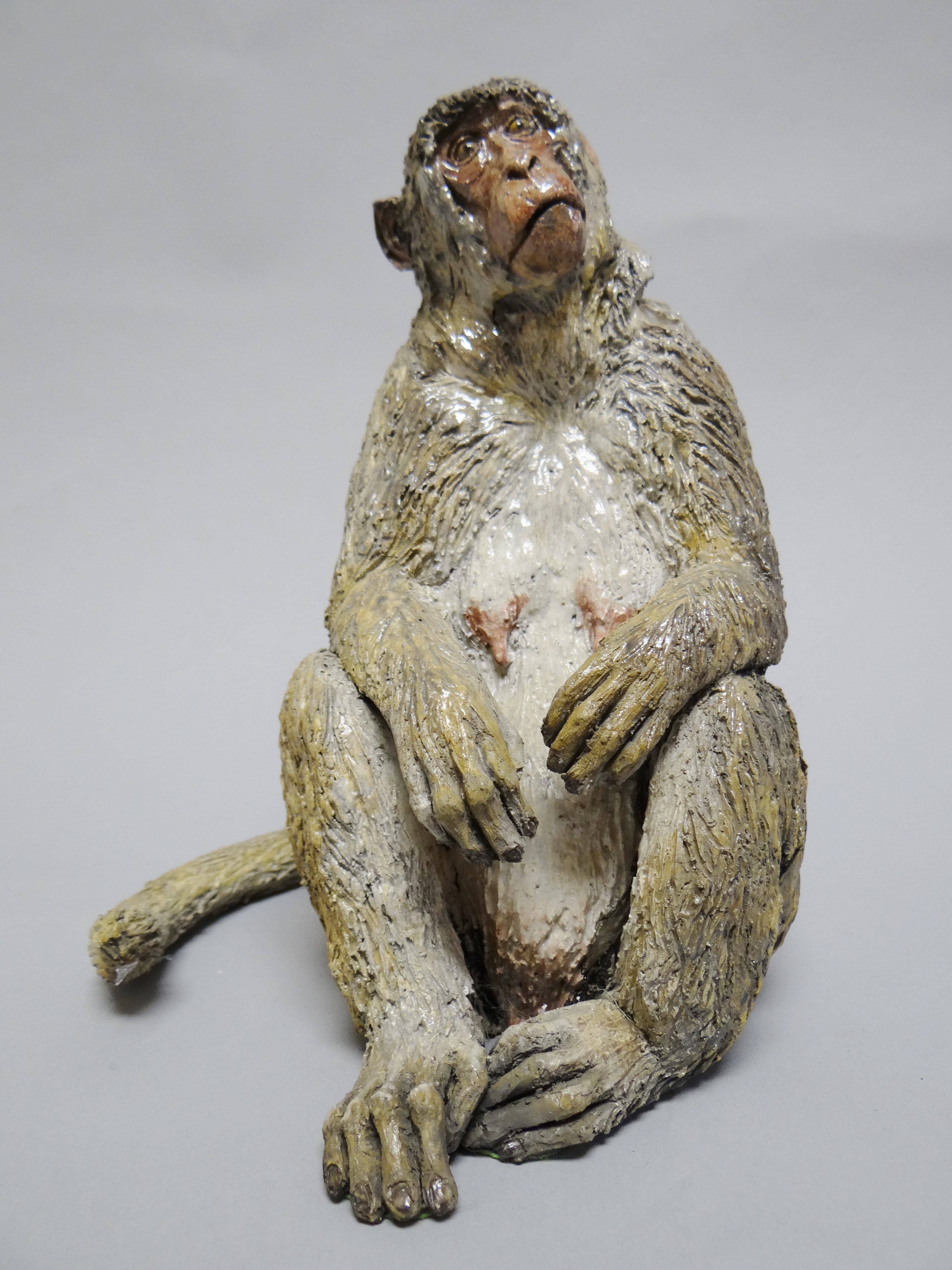 SALLIE WAKLEY ceramic - raku fired ceramic baboon A/F, 8.5 x 6.75 ins (21.5 x 17 cms)