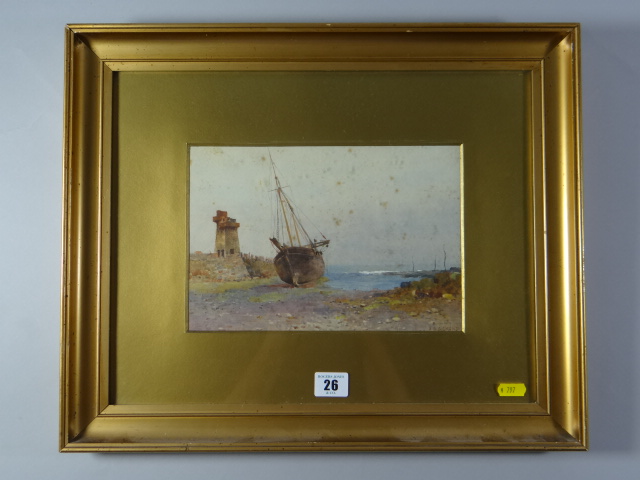 BENJAMIN D SIGMUND watercolour - beached fishing boat and lighthouse, probably Lynmouth, signed, 7