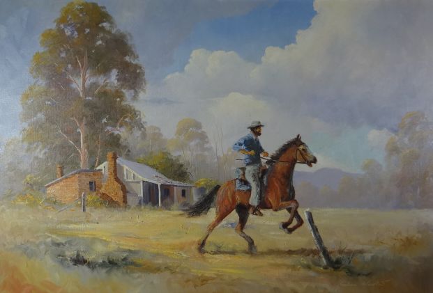 GRAHAM CHARLTON oil on canvas, an Australian bushman on horseback, 19 x 29ins (49 x 74cms)