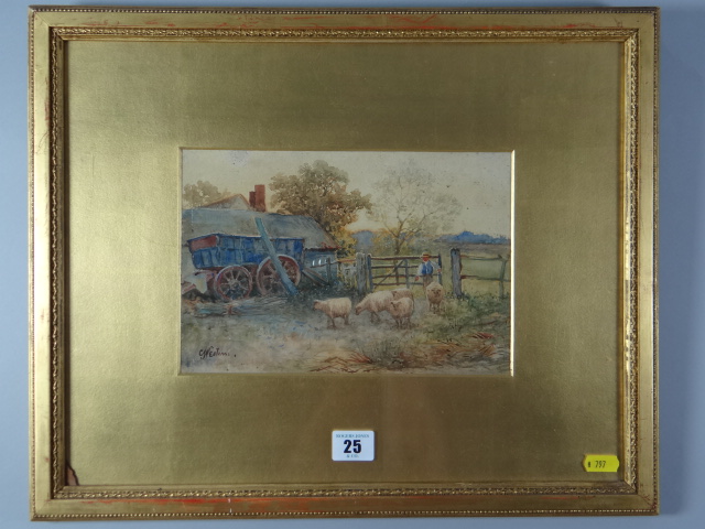 CHARLES WESTERN watercolour - waistcoated farmer herding five sheep in a paddock with cart and