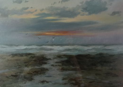 DAVID ROBERTSON acrylic - gulls at sunset over rolling waves, signed, 13.25 x 19ins (34 x 48cms)