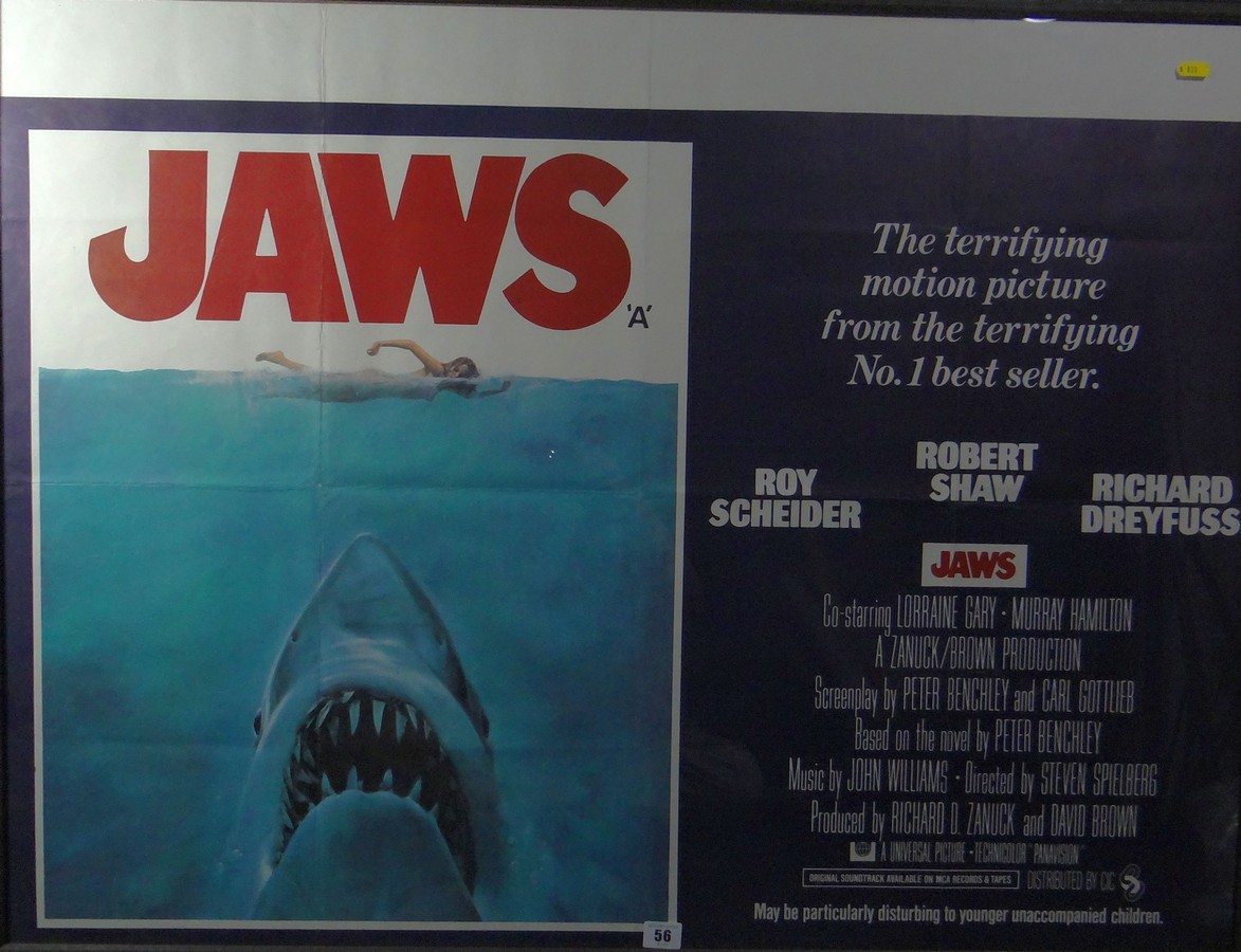 TWO UK QUAD 1970s JAWS POSTERS (30ins X 40ins): JAWS 1975 (folded, in frame) - JAWS 2 1978 (piece