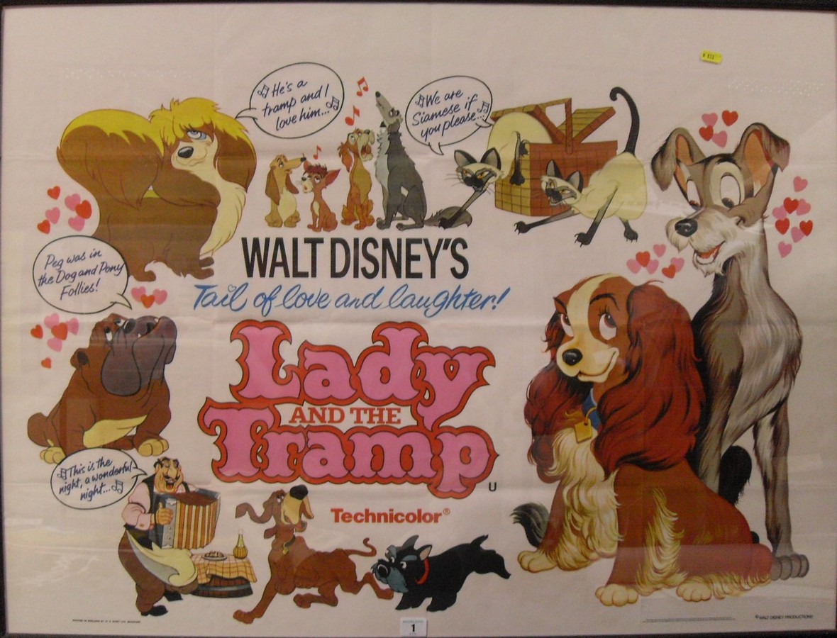 LADY AND THE TRAMP (1955) UK Quad, 30ins x 40ins Issued for 1970s re-release, folded, in frame