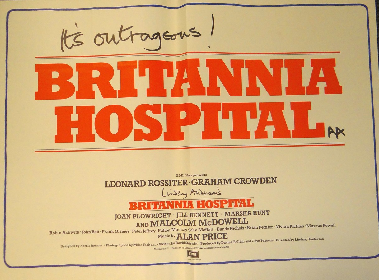 BRITANNIA HOSPITAL (1982) UK Quad, 30ins x 40ins Lesley Anderson black comedy. Folded