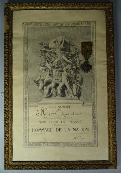 Framed WWI French Memorial Scroll and Croix de Guerre to Joseph Michel Borreil, together with