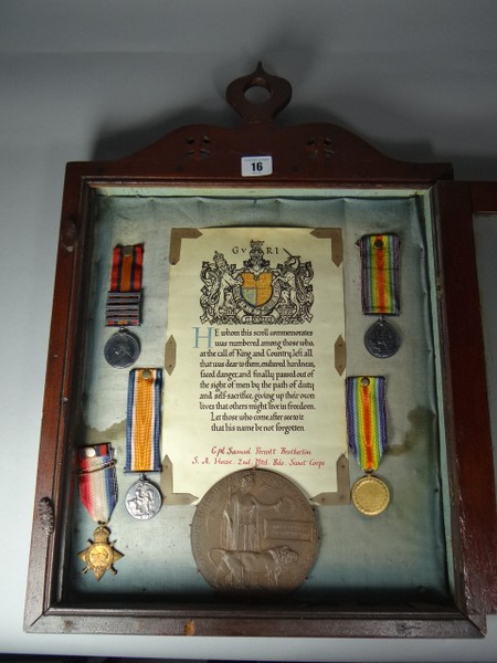 Boer War and WWI group of four, Death Plaque, Memorial Scroll, photograph and death notices to Cpl.