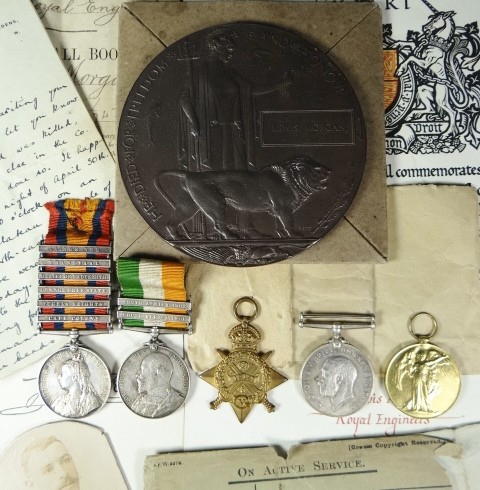 A Q.S.A./K.S.A. & 1914 trio, Death Plaque and commemorative scroll to 2451 Spr. L. Morgan, R.E.: