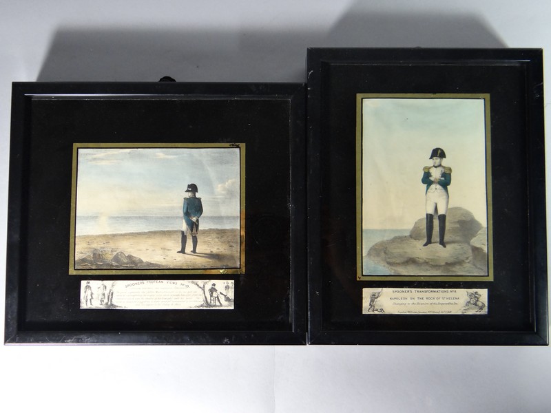 Two prints of Napoleon entitled `Spooner`s Transformations No.8 Napoleon on the Rock of St Helena`