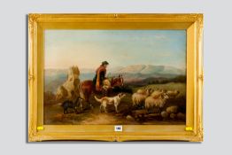 JAMES HARDY JUNIOR oil on canvas - a gillie on his horse with two dogs and flock of sheep, signed