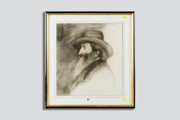 A framed charcoal - head and shoulders study of a bearded gentleman in a hat and an overcoat,
