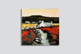 OWEN MEILIR oil on canvas - Welsh hillside farmstead, signed, 15.25 x 15.25 ins (40 x 40 cms)