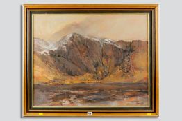 AUDREY HIND oil on canvas - Cwm Idwal with snow on the tops of Devil`s Kitchen, signed, 23.5 x 29.
