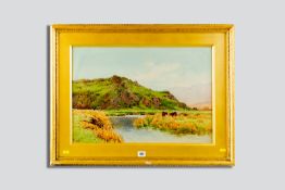 CHARLES L SAUNDERS watercolour - North Wales river scene with grazing cattle, signed, 15.25 x 23.