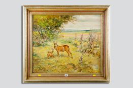 WILLY LOVEN? oil on canvas - doe and fawn in a clearing, indistinctly signed, 23 x 27 ins (59 x 69