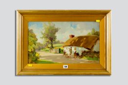 ROBERT JONES (of Llandudno) oil on canvas - thatched cottage with children playing, signed and