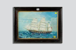 A naive oil on canvas - three masted sailing ship set within a gilded and black oak frame, unsigned,