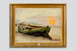 HENRI OTTEVAERE oil on board - beached boat at sunset, signed and dated 1937 and with original title