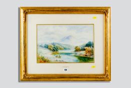 WILLIAM E ELLIS watercolour study - extensive landscape with river and two men in a boat to the