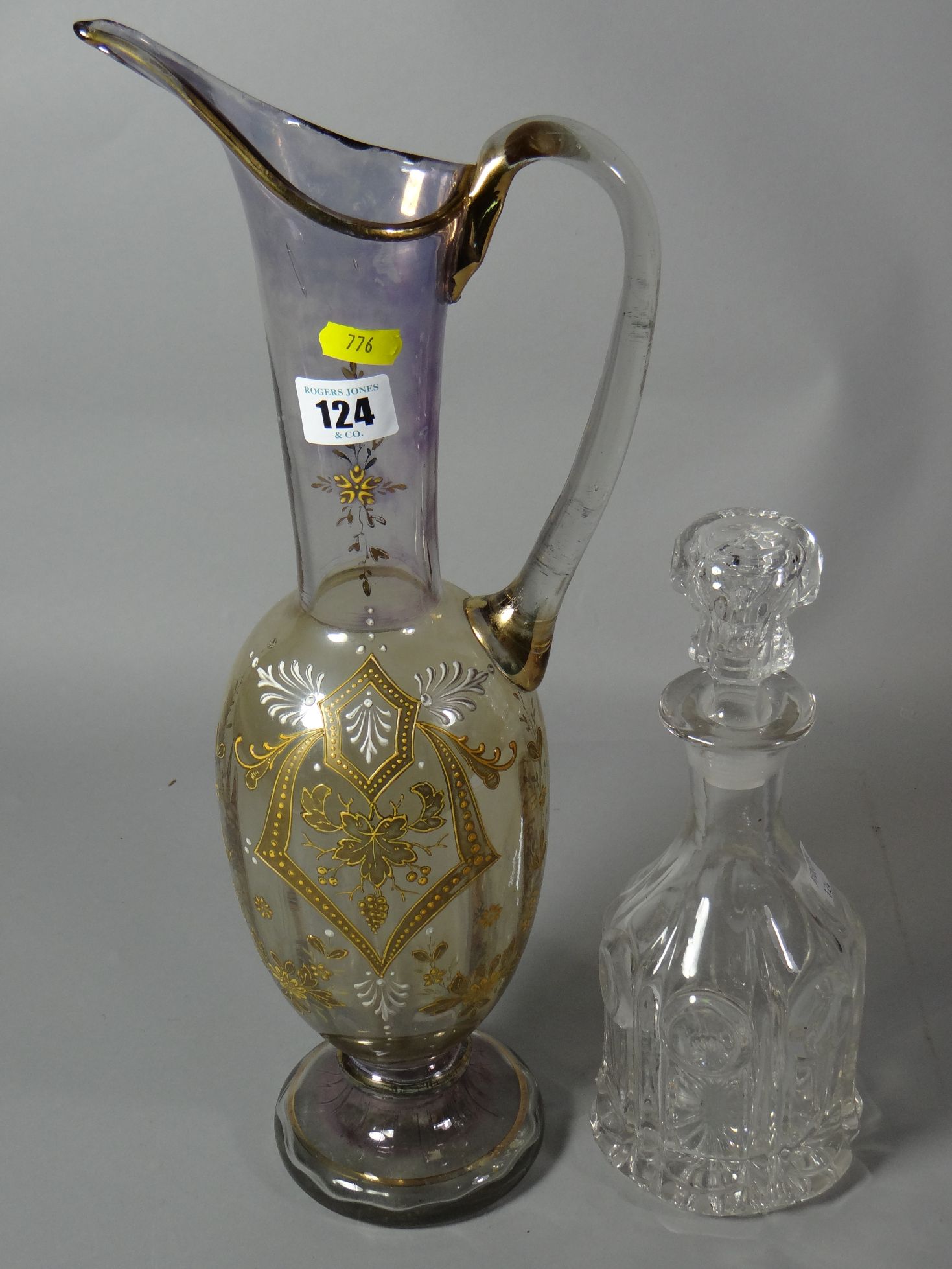 A Victorian fancy glass jug, similar period comport and an antique bell-shaped decanter