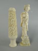 A carved ivory figure of a kimono wearing geisha clutching a fan and bag, 7.5ins high (19cms)