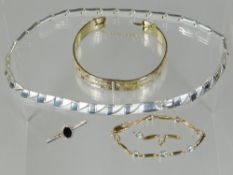A modern silver necklace, a silver gilt clasp bangle, part of a 9ct yellow gold bracelet and a bar