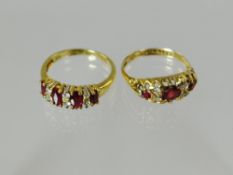 Two 18ct antique yellow gold ruby and tiny diamond cluster rings, 6gms